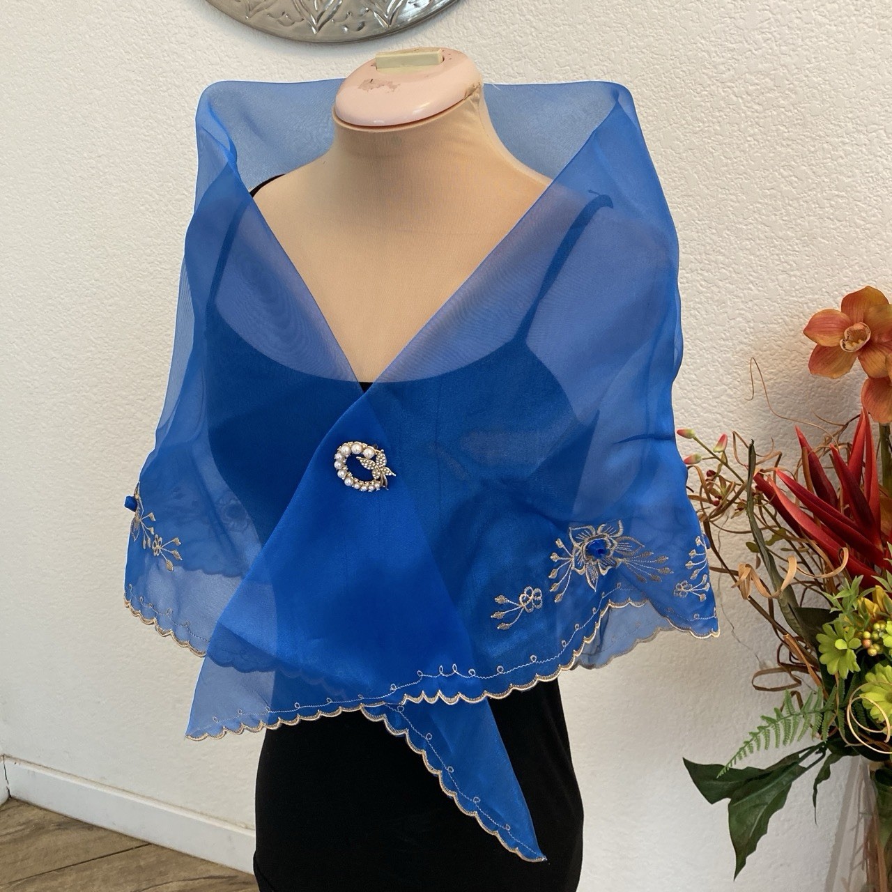 Filipiniana Blue Embroidered Organza Shawl with Decorative Brooch