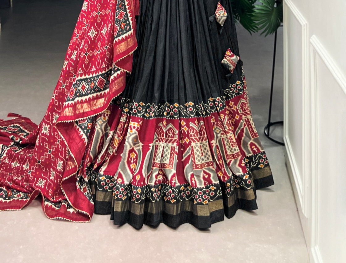 Ethnic Wear Black Tussar Silk Lehenga Choli With Dupatta For Women & Girls