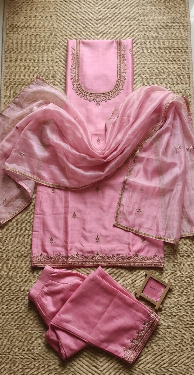 Pink Silk Hand Embroidered Suit Set with Organza Dupatta Custom Size