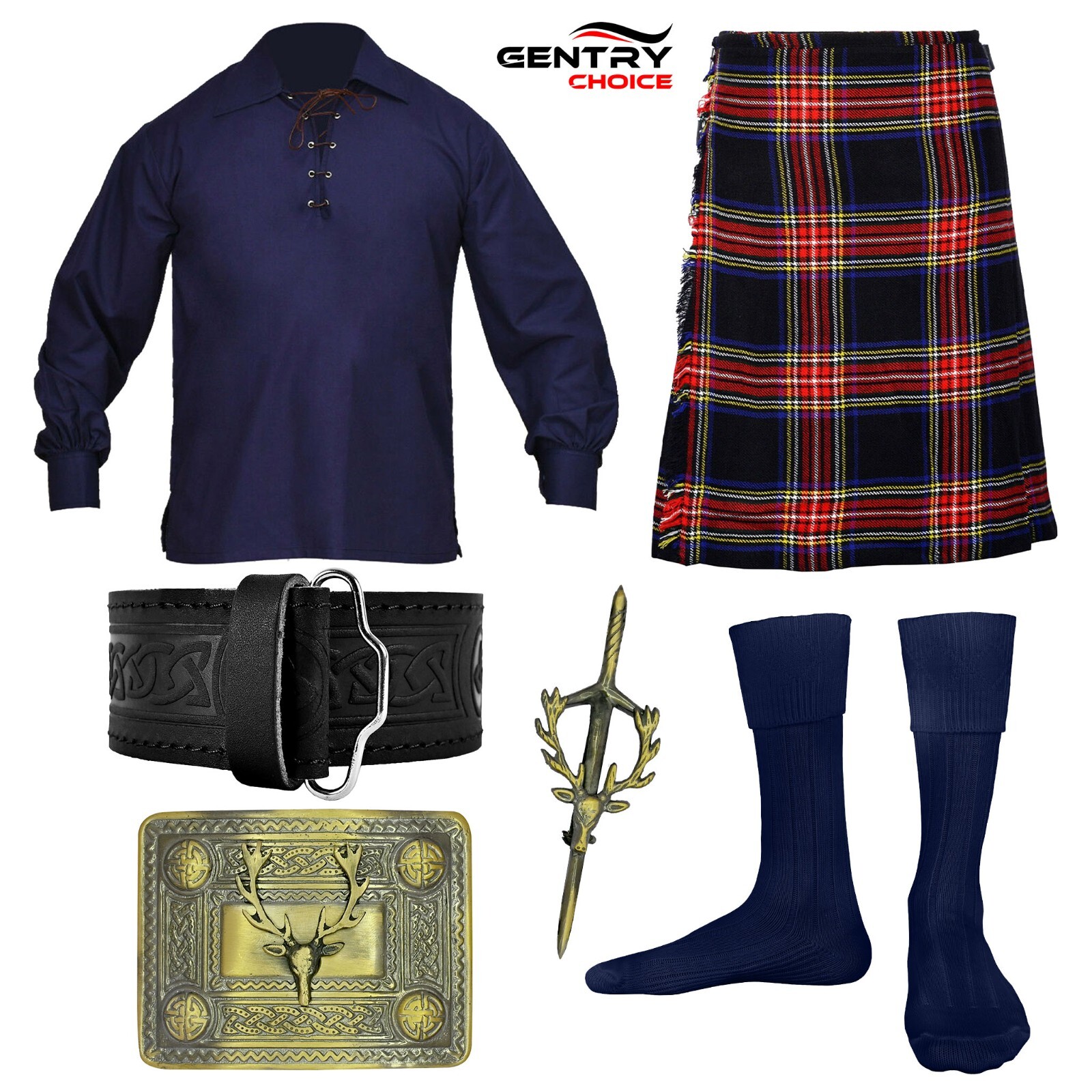 Highlander Tartan Kilt Black Stewart 8 Yards 6 Pieces Kilt Set Scottish Outfit