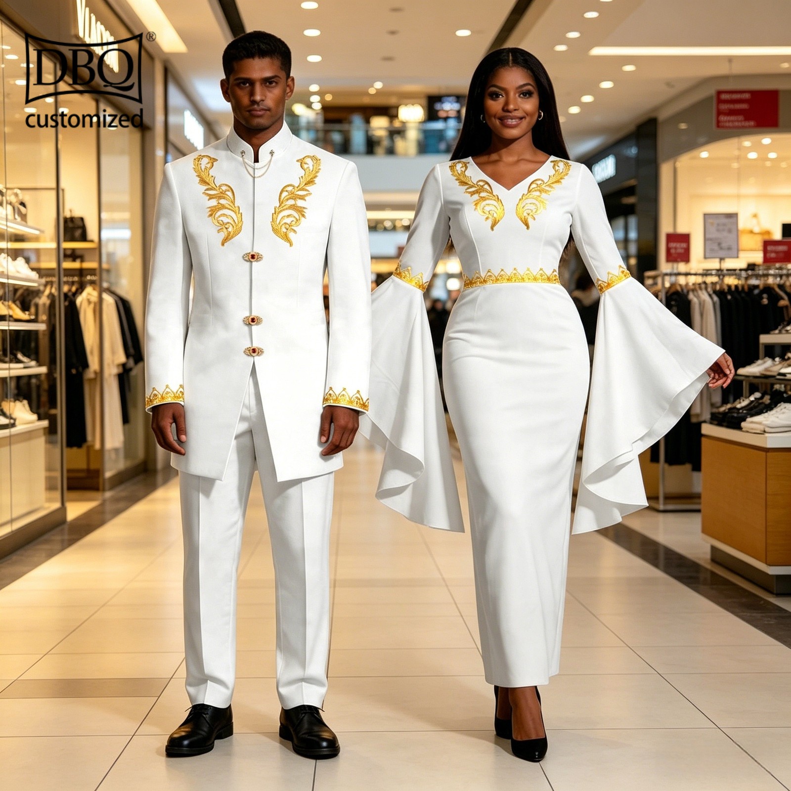 African Couple Wedding Clothes Tailor Made Men’s Jacket Pants Set Women Dress