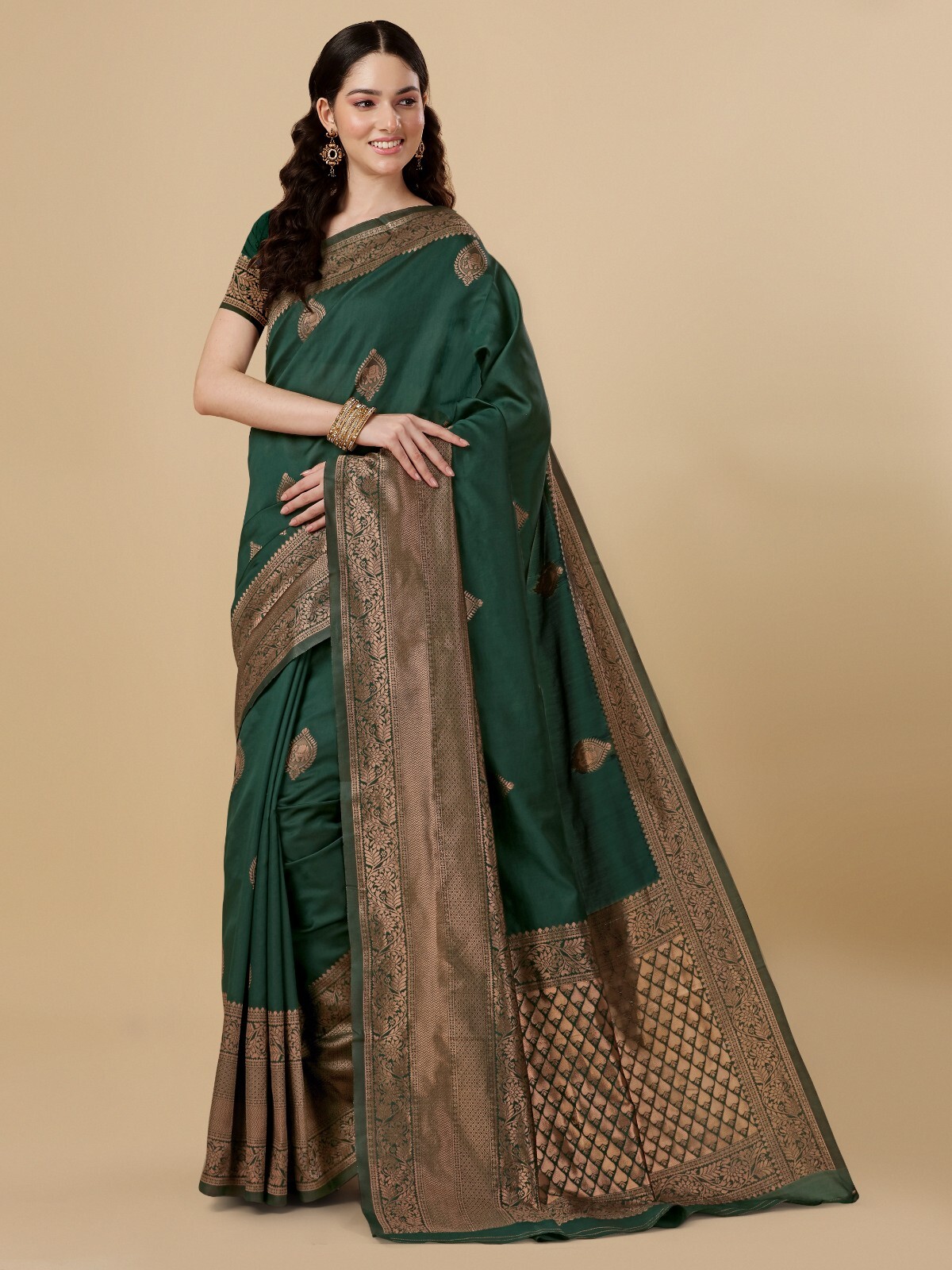 Areca Designer Copper Gajraj Green Silk saree blouses women Saree Cut- 5.5 Meter