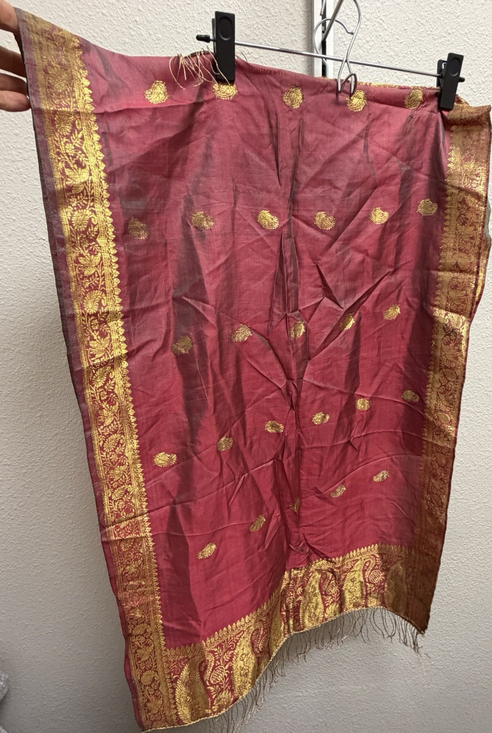 Women’s Silk Maroon & Gold Indian banarsi scarf/shawl Fringed Border