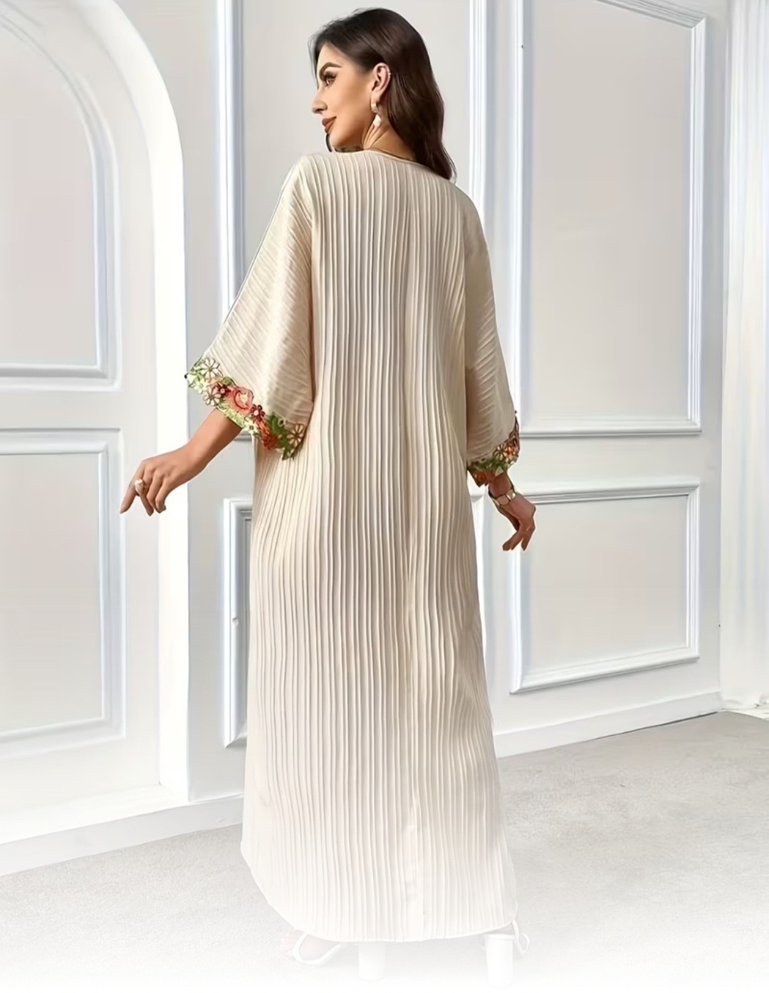 Handmade Women’s Beige/Gold Kaftan Dress, XL Pleated, Embroidered, Maxi