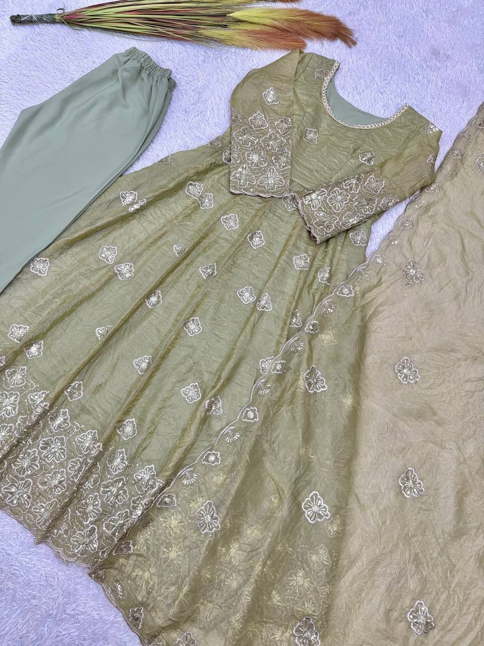 Beautiful Olive Green Gold Crush Silk Gown Bottom With Dupatta For Festival
