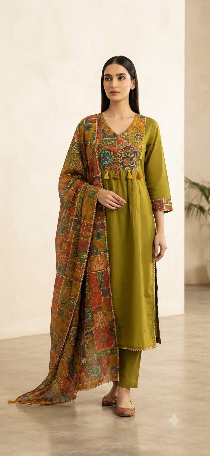 Olive Green Cotton Kurta Pant Dupatta Set for Women | Printed Yoke Ethnic Suit