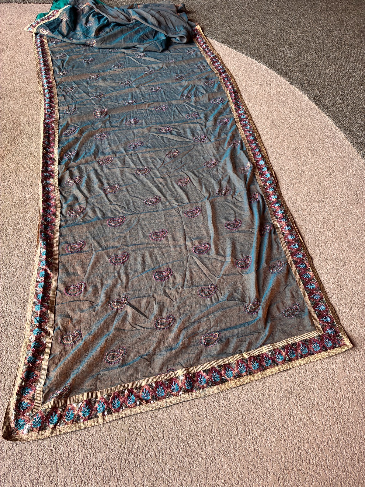 Two tone Iridescent Rust and Blue Sari with Blue Embroidered Flowers and Sequins