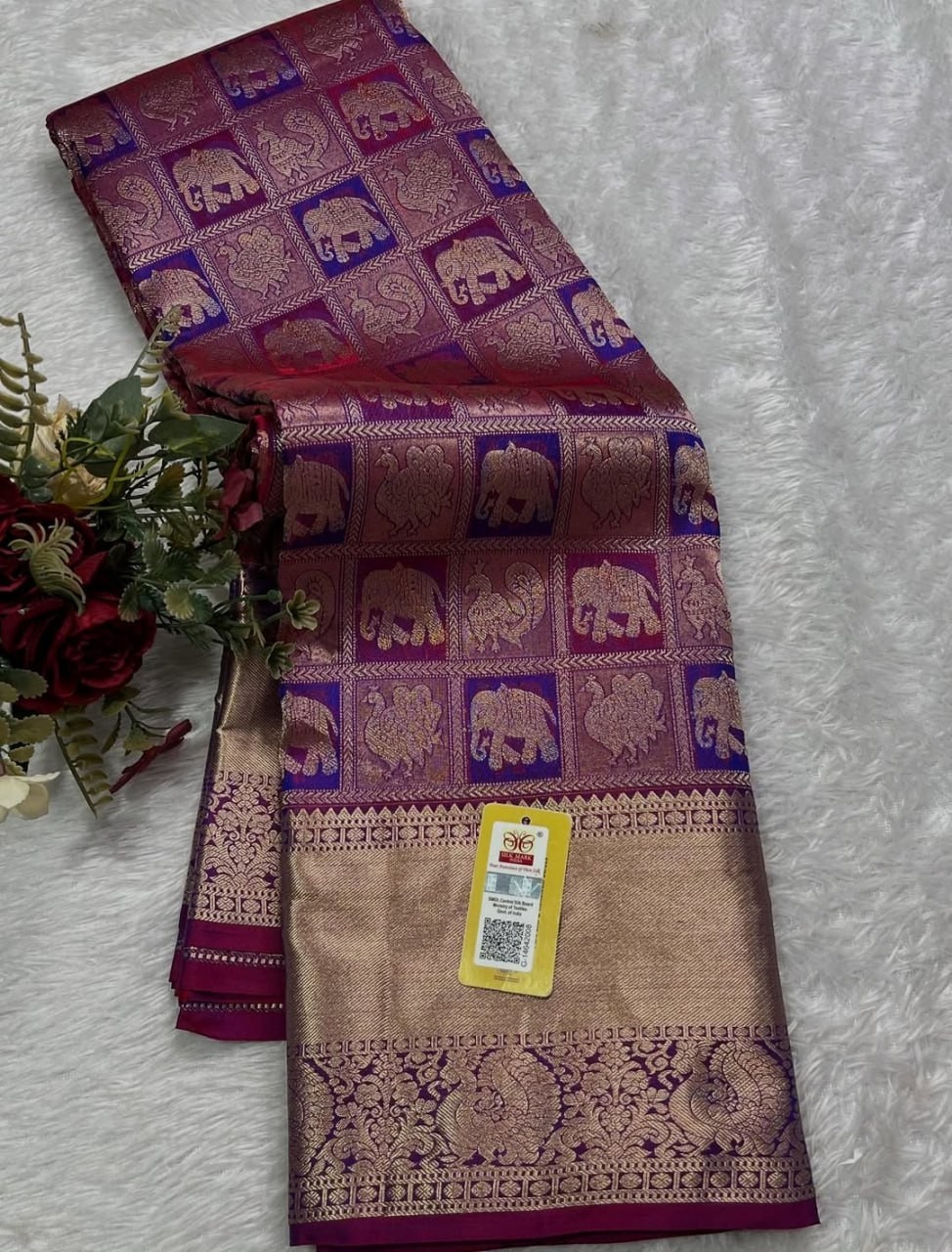 Royal Kanchipuram Silk Saree – Purple & Gold Zari with Elephant & Peacock Motifs