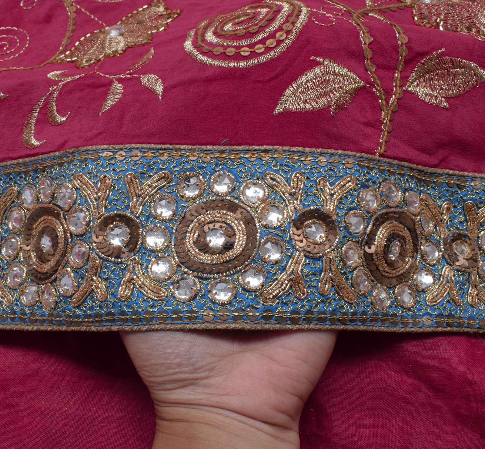 Sushila Vintage Dark Pink Saree Pure Crepe Silk Embroidered Floral Sari Fabric