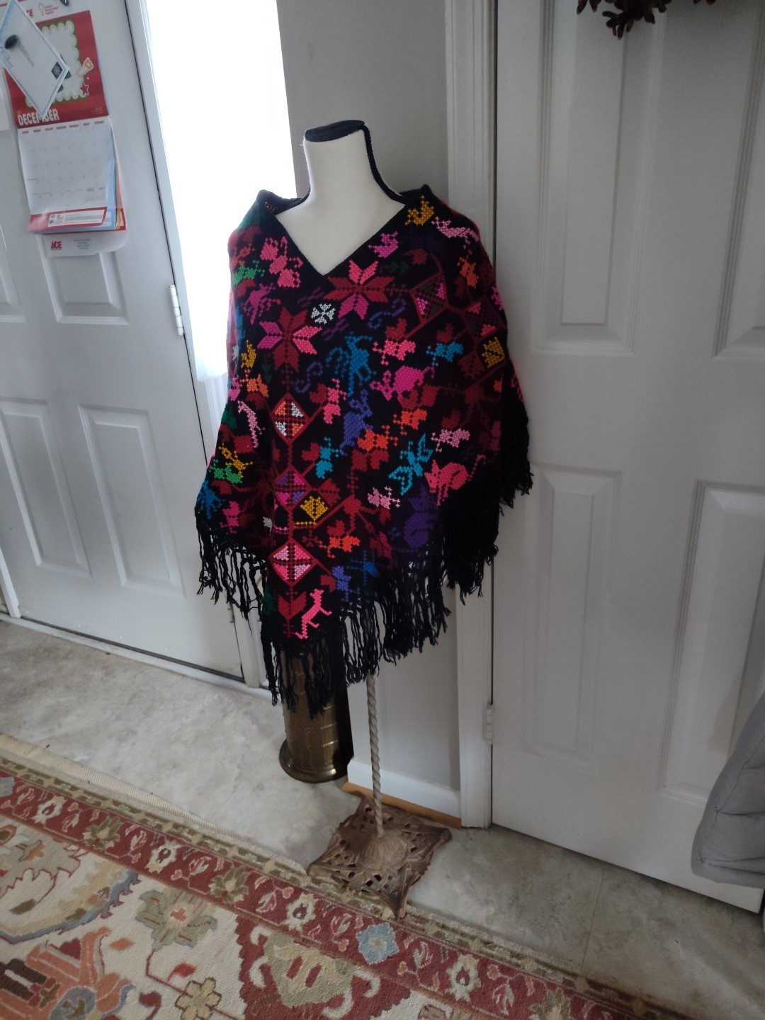 NWT Mexican Poncho Punto de Cruz Crosstitch Embroidered Chiapas Cat Birds Floral
