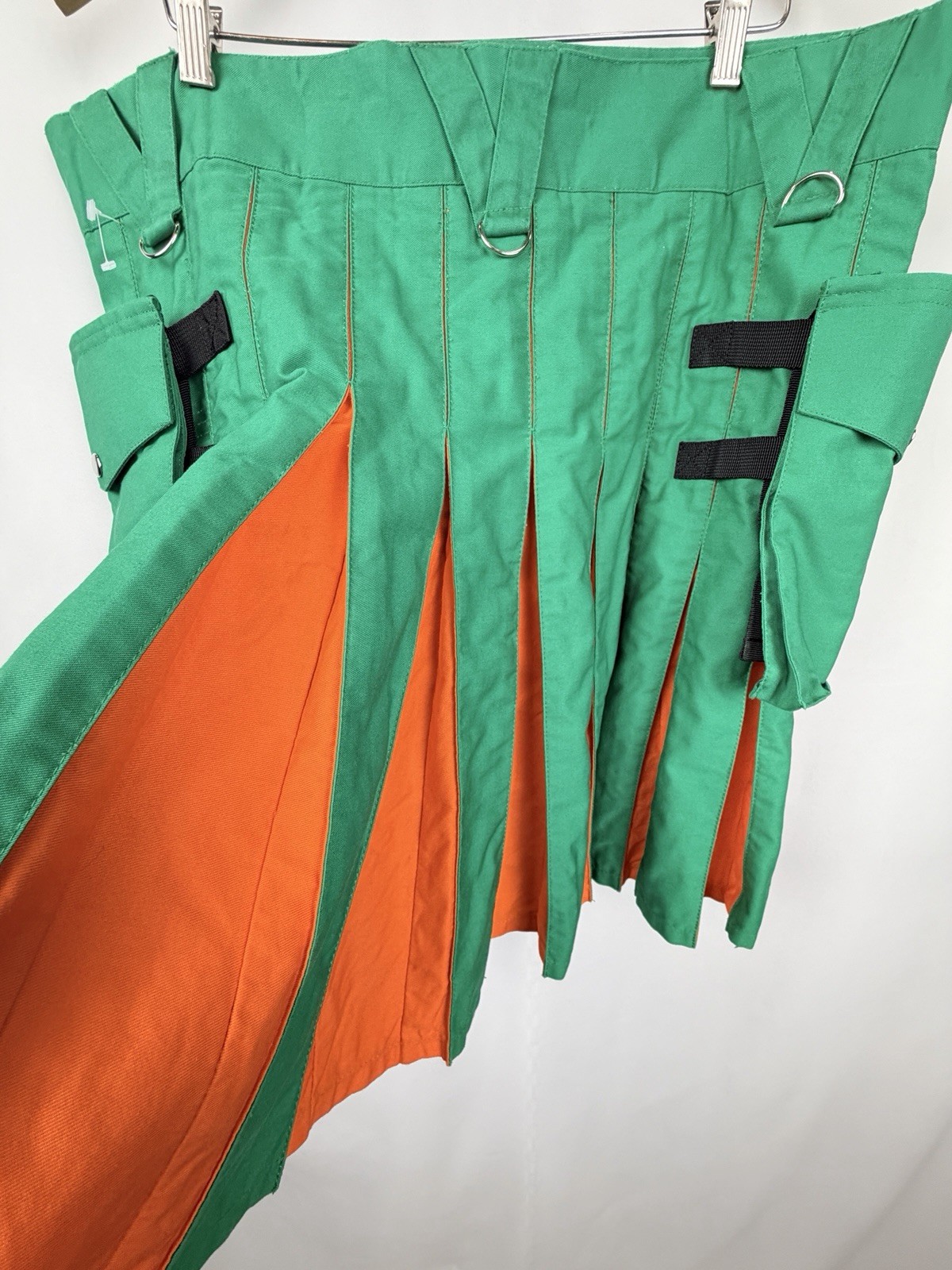 Custom Utility Kilt Green Orange Hybrid Cargo Kilt 2 Pockets Adjustable Waist