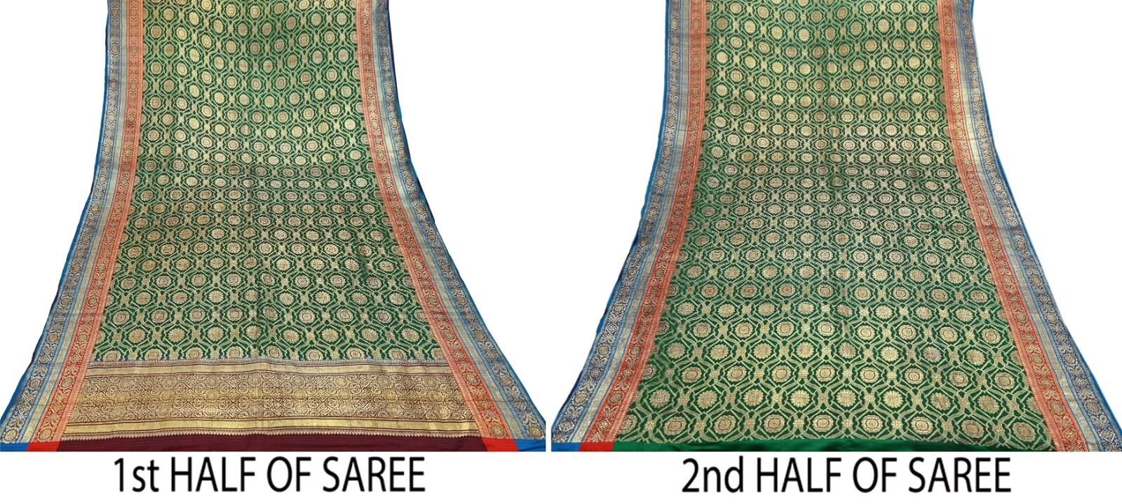 Antique Vintage Heavy Sari Green Pure Satin Silk Hand Woven Banarasi Sarees 5yd