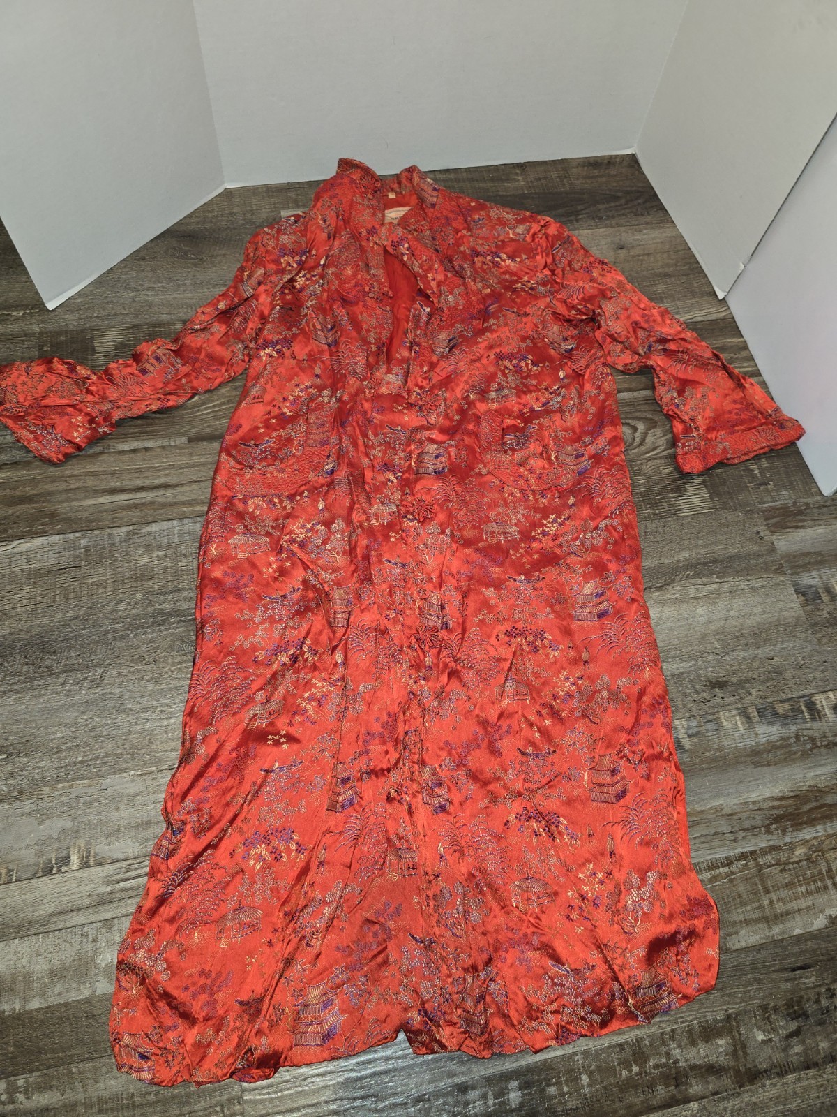 Vintage Red Oriental Kimono Robe PEONY BRAND SHANGHAI CHINA Size 36 EUC #59