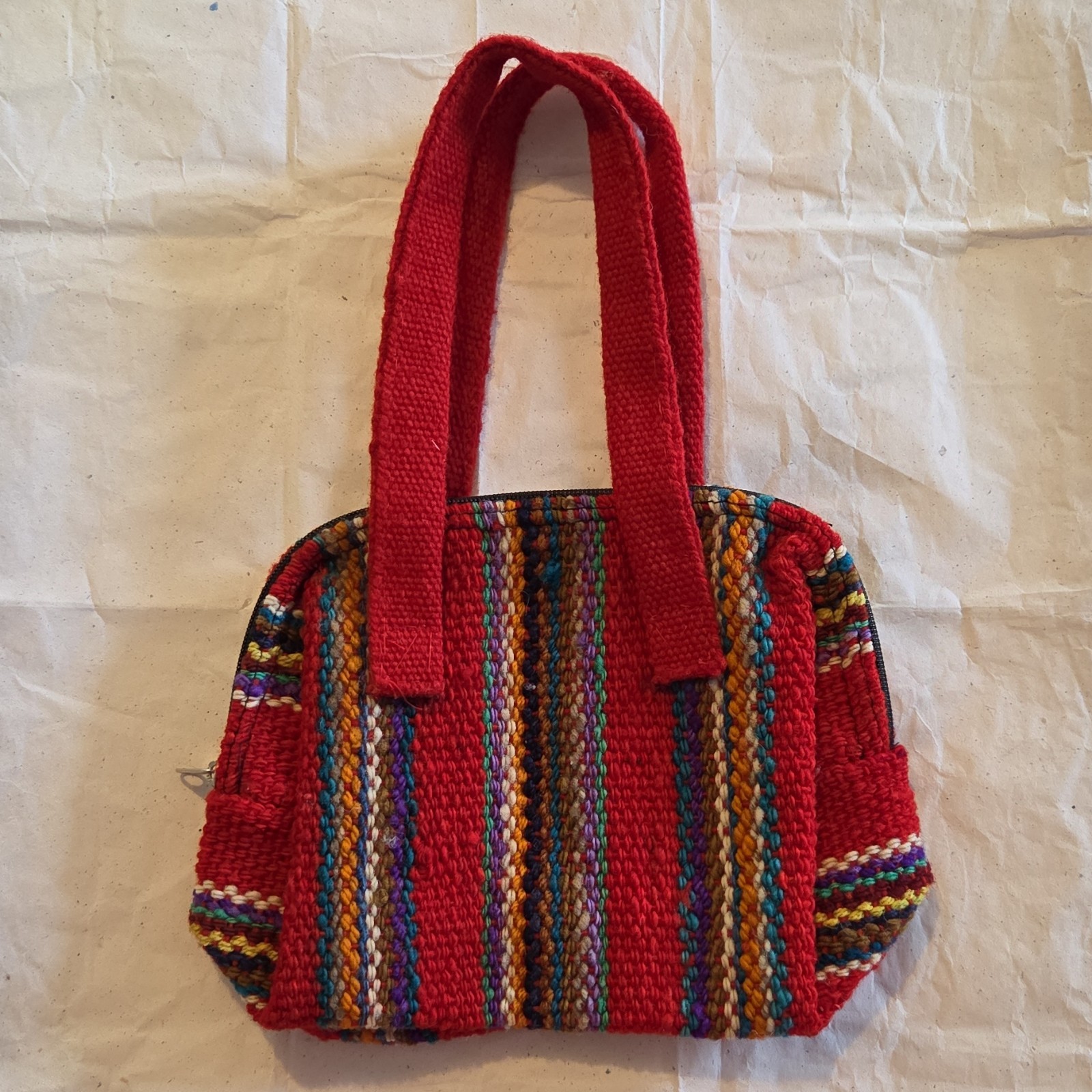 Handmade Woven Fabric Red Multi-Color Handbag Latin American Style One Size