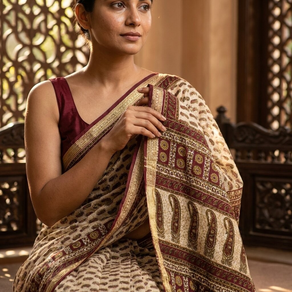 Sanskriti Vintage Beige-Wine Moss Crepe Saree Paisley Printed Fabric 6 Yard Sari