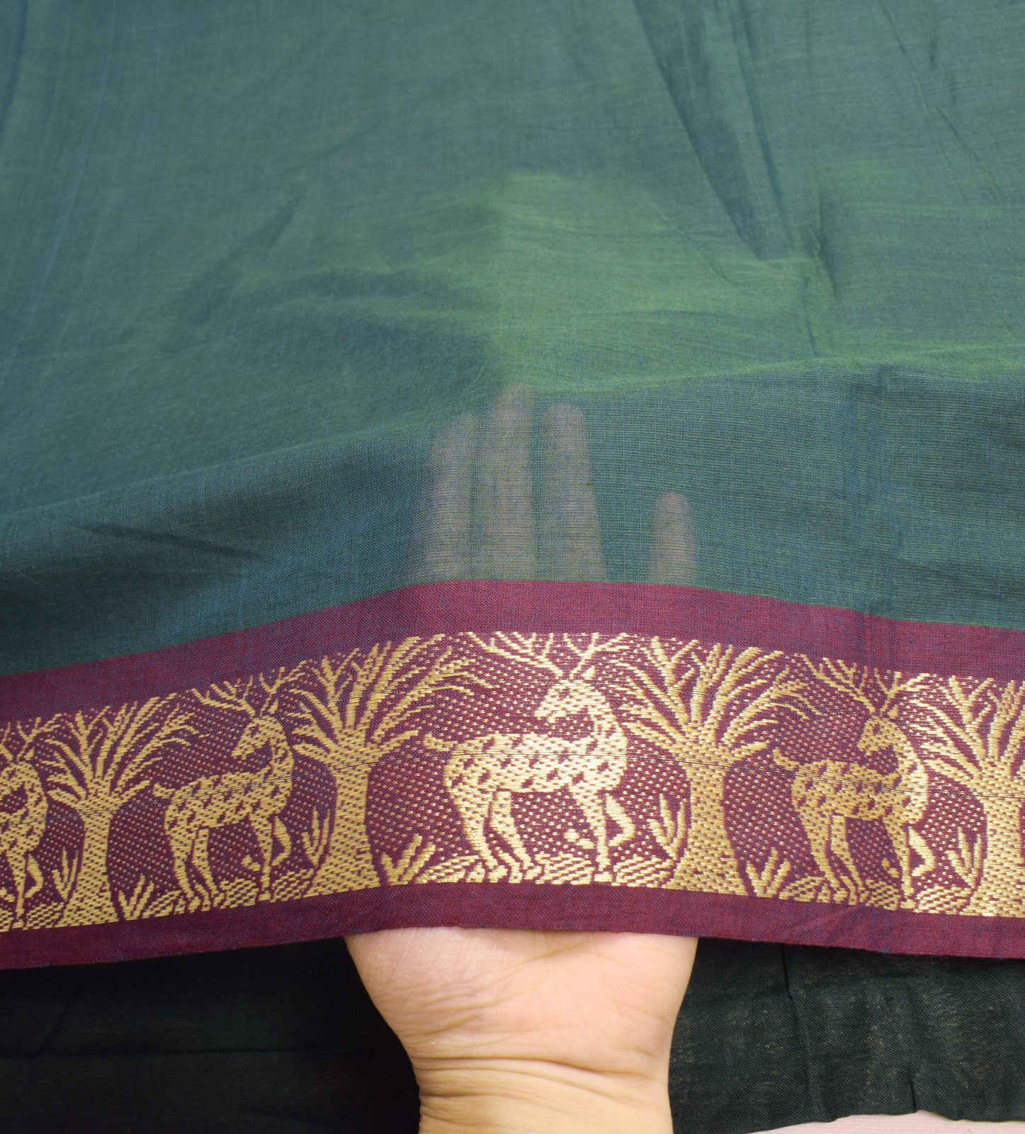 Sushila Vintage Pure Cotton Handloom Saree Dark Green Stripes Deer Woven Sari Fa