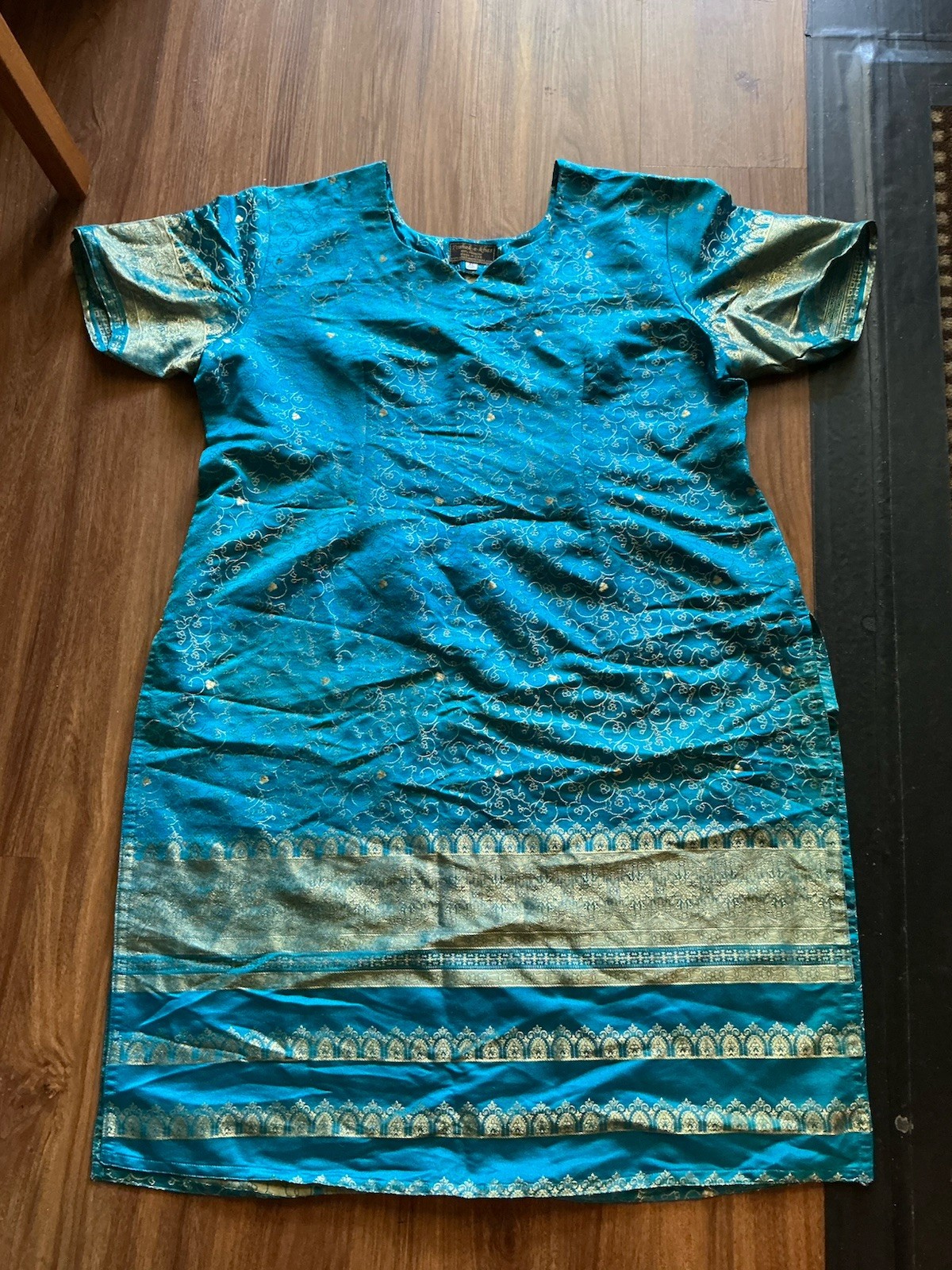 Brocade Jacquard Blue Kameez Kurta Kurti Tunic 46” Bust, 40” Long, New Dupatta