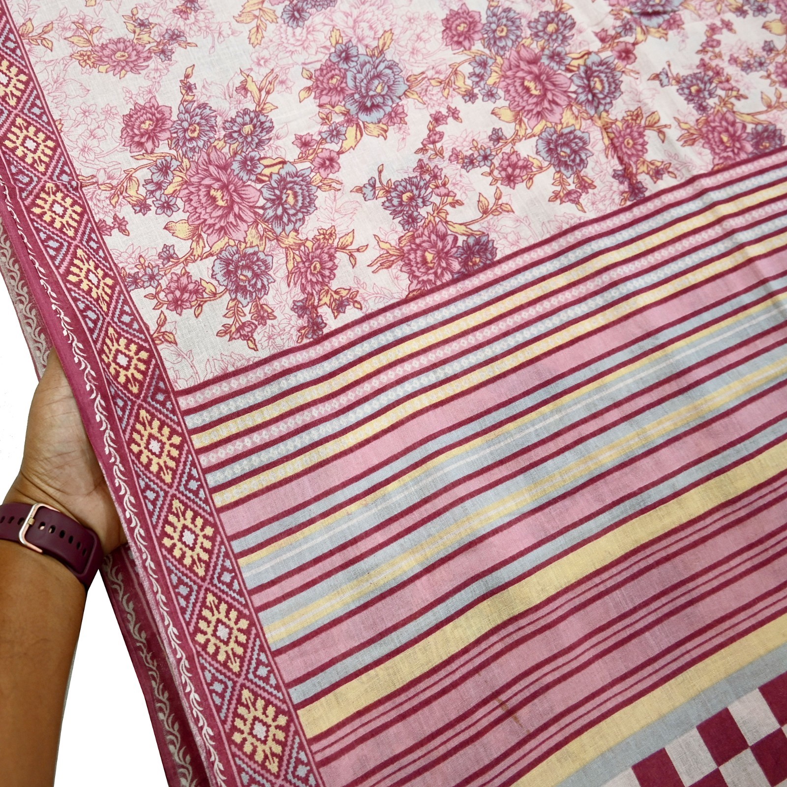 Vintage Sari Ivory & Pink Printed Blend Cotton Saree Craft Fabric 5Yd Soft Sewi