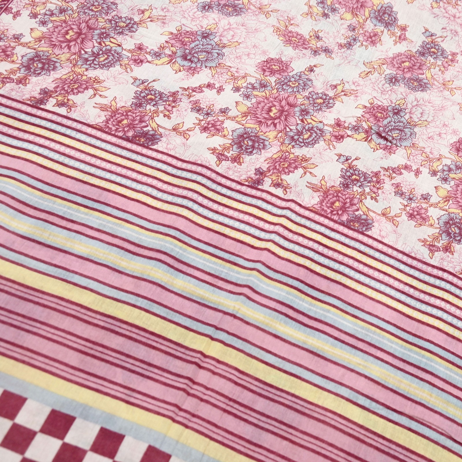 Vintage Sari Ivory & Pink Printed Blend Cotton Saree Craft Fabric 5Yd Soft Sewi
