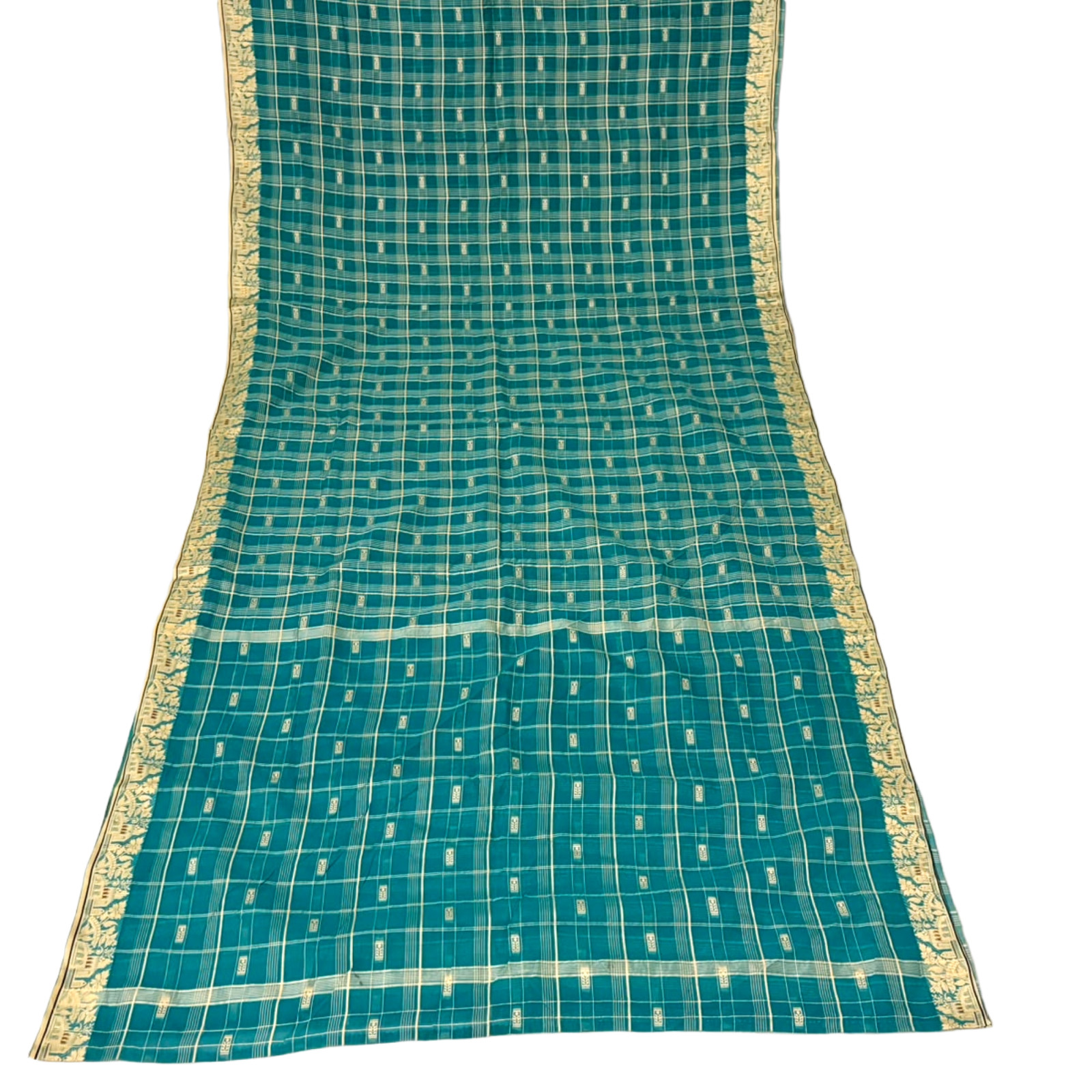 Cotton Saree Indian Green Dress Vintage Craft Fabric Checked Embroidered Sari 5Y
