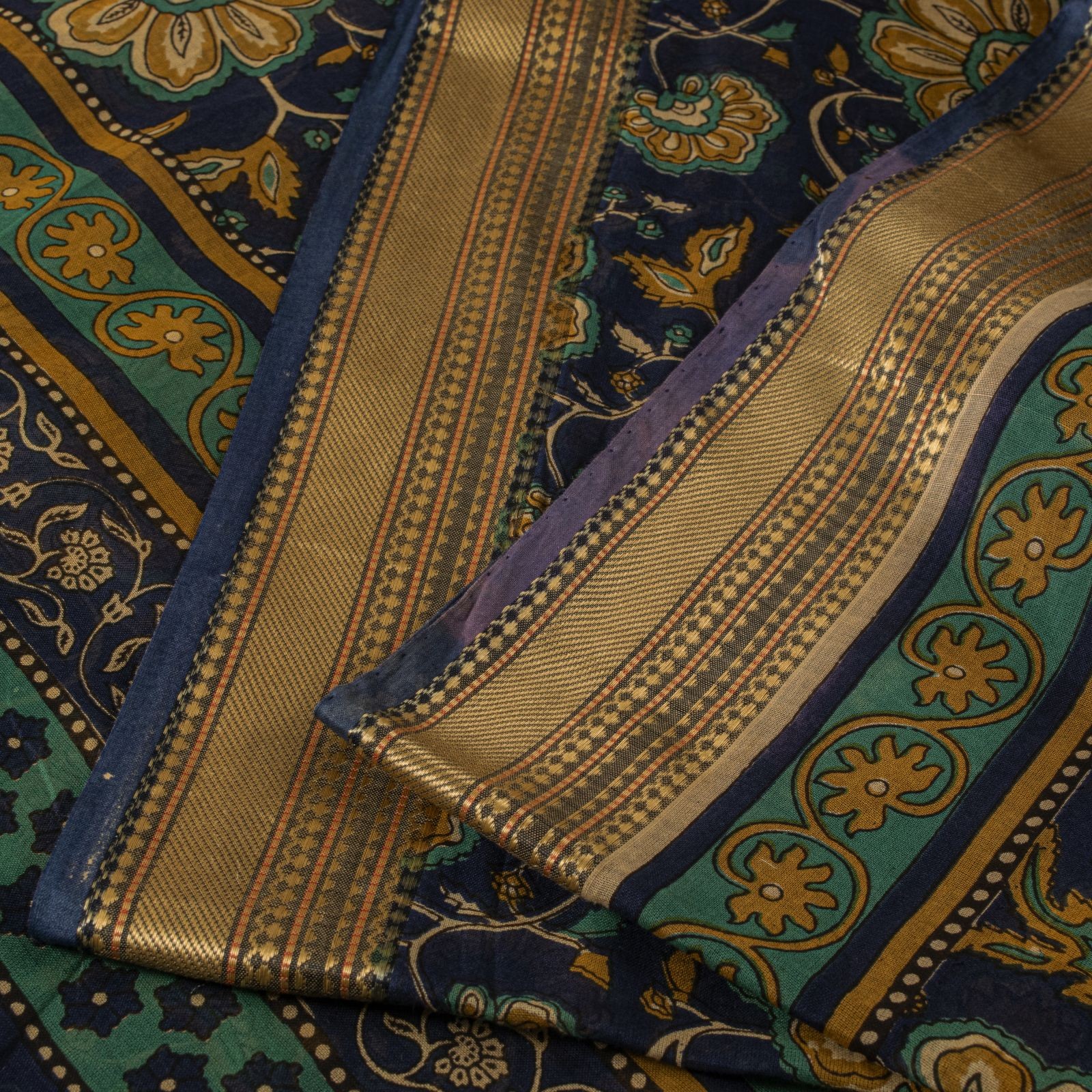 Sanskriti Vintage Saree Blue Pure Cotton Kalamkari Print Sari 5+Yd Craft Fabric