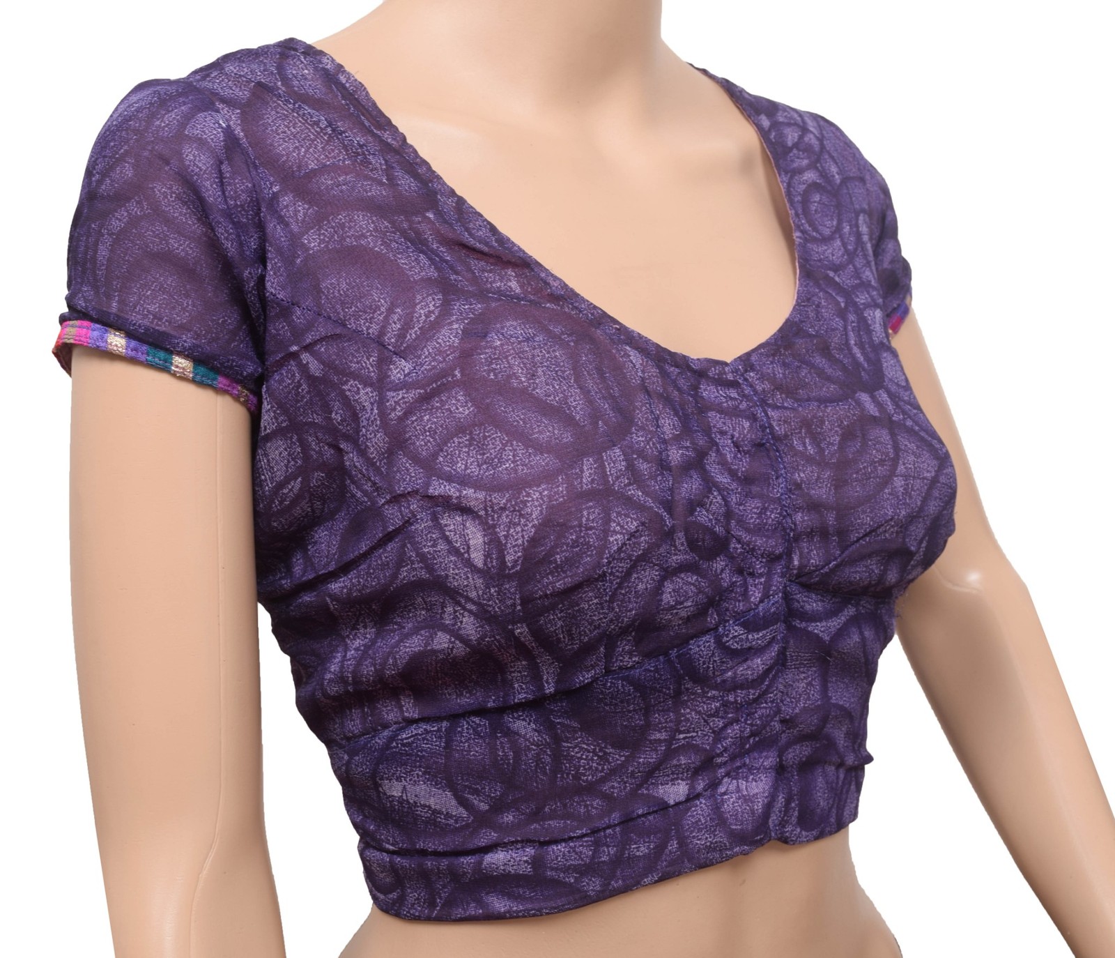 Sushila Vintage Readymade Stitched Purple Sari Blouse Georgette Printed Choli 42