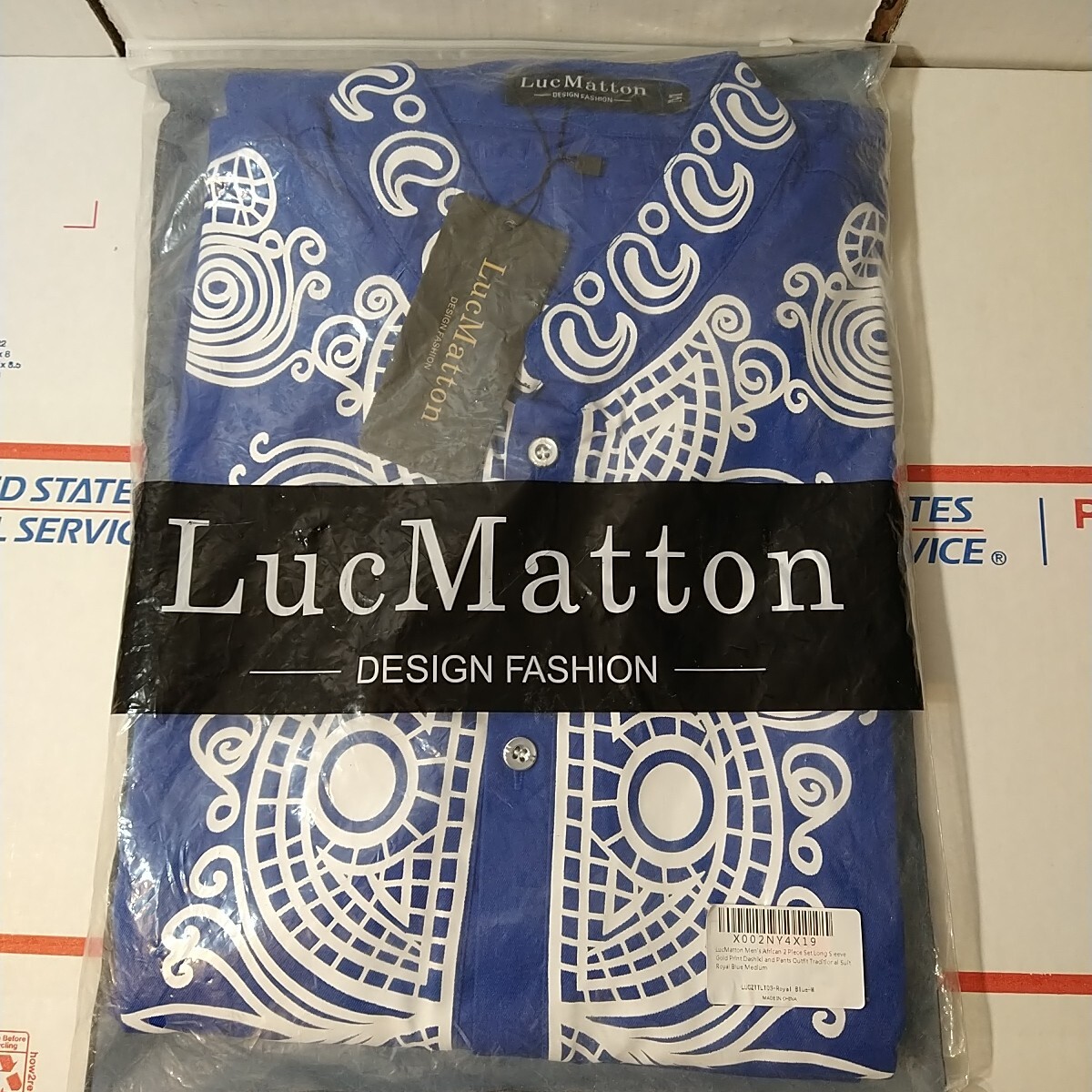 LucMatton African 2 Piece Set Long Sleeve ROYAL BLUE Print Dashiki and Pants MED