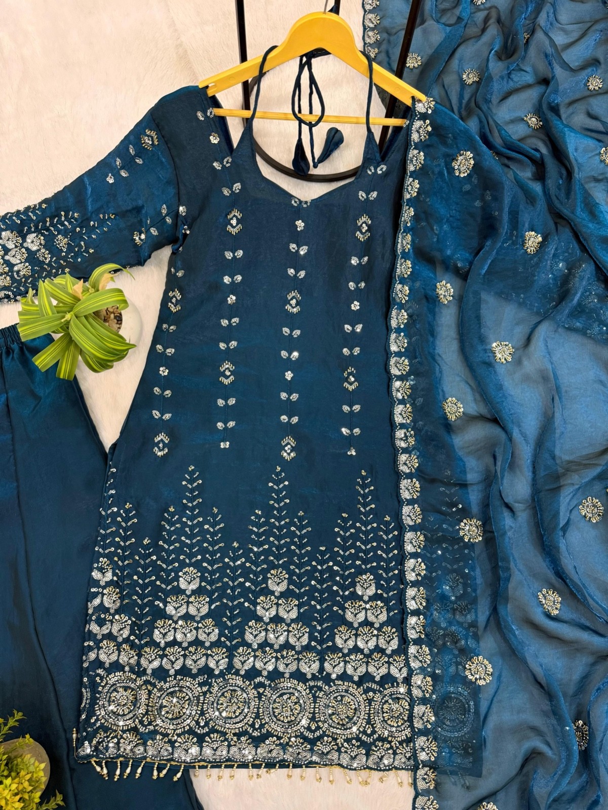 Women’s Fendy Satin Kurti Palazzo Set with Dupatta Embroidered Beads Work