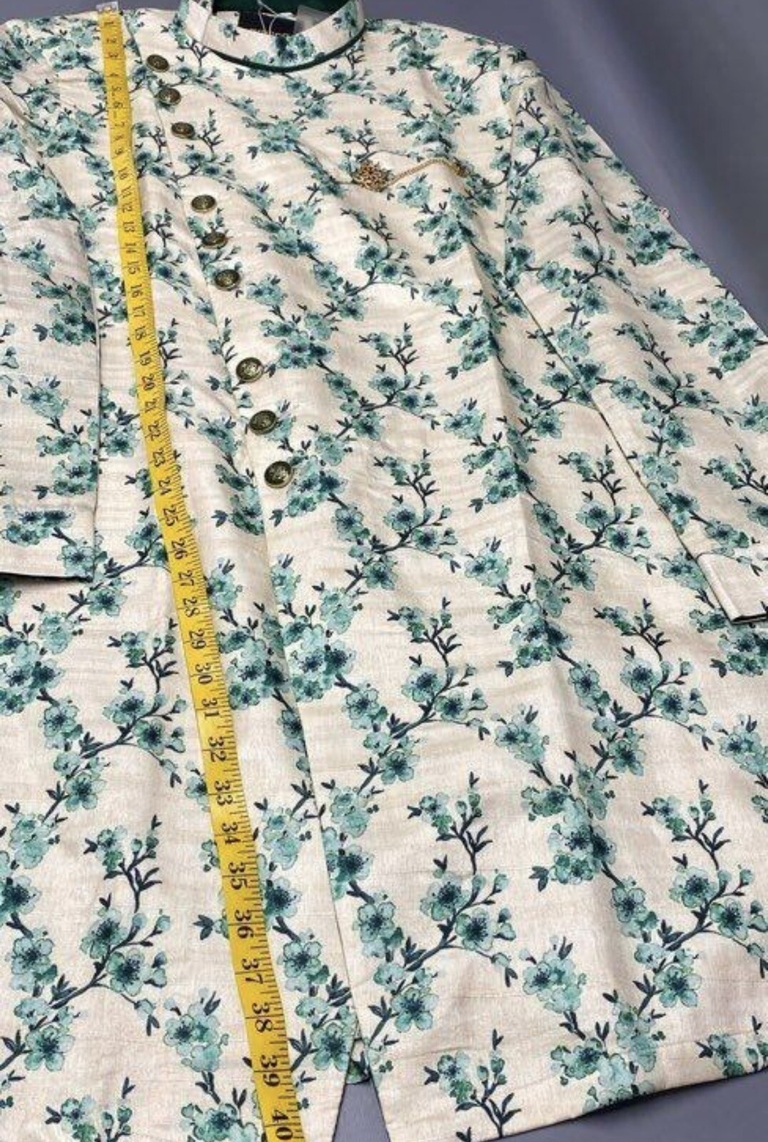 Sherwani Mens Indian Wedding Jacket 40 Formal Tan Green Floral Buttons NWT Beige