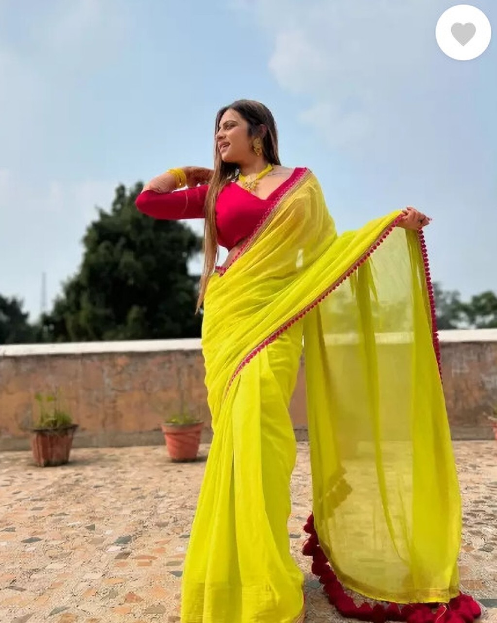 Printed Banarasi Georgette Saree (Yellow, Pink)