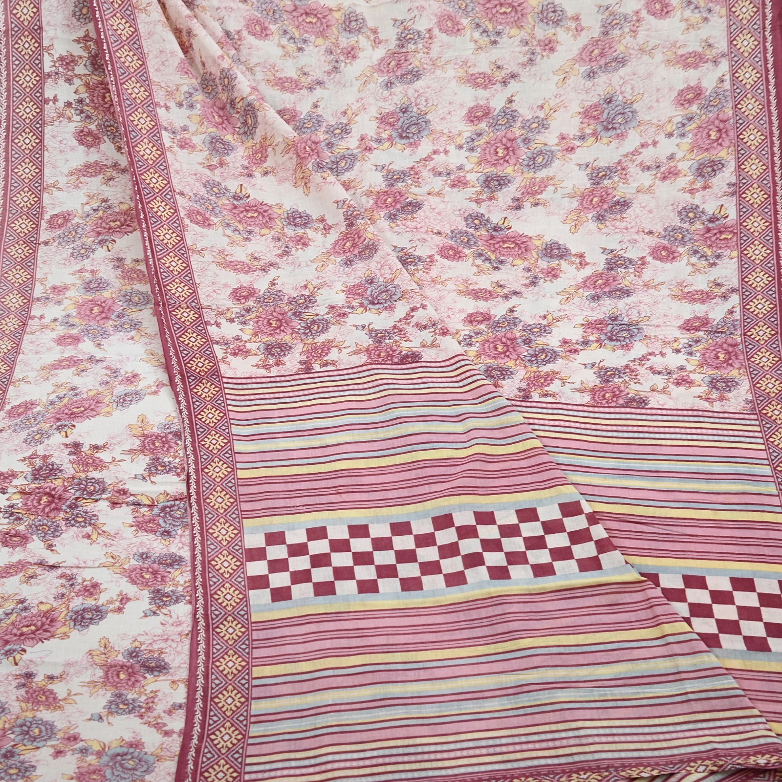 Vintage Sari Ivory & Pink Printed Blend Cotton Saree Craft Fabric 5Yd Soft Sewi