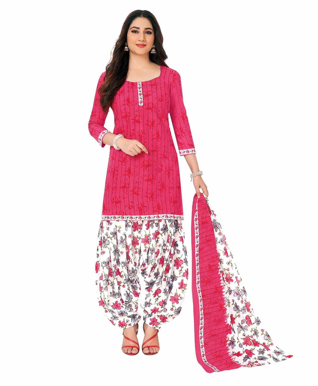 Miraan Unstitched Cotton Dress Material for Women Pink Free Size