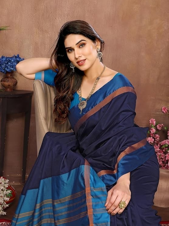Women’s Striped Pattern Cotton Silk Saree and Unstitched Blouse Piece