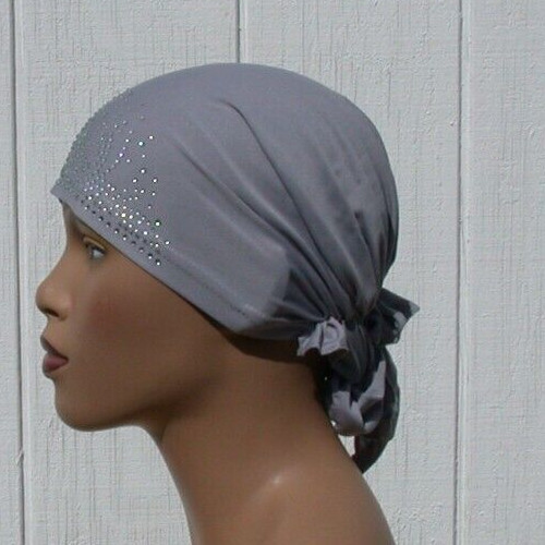 Rhinestone Turban Cap Hijab GREY Rayon Chemo Tie Back Cap