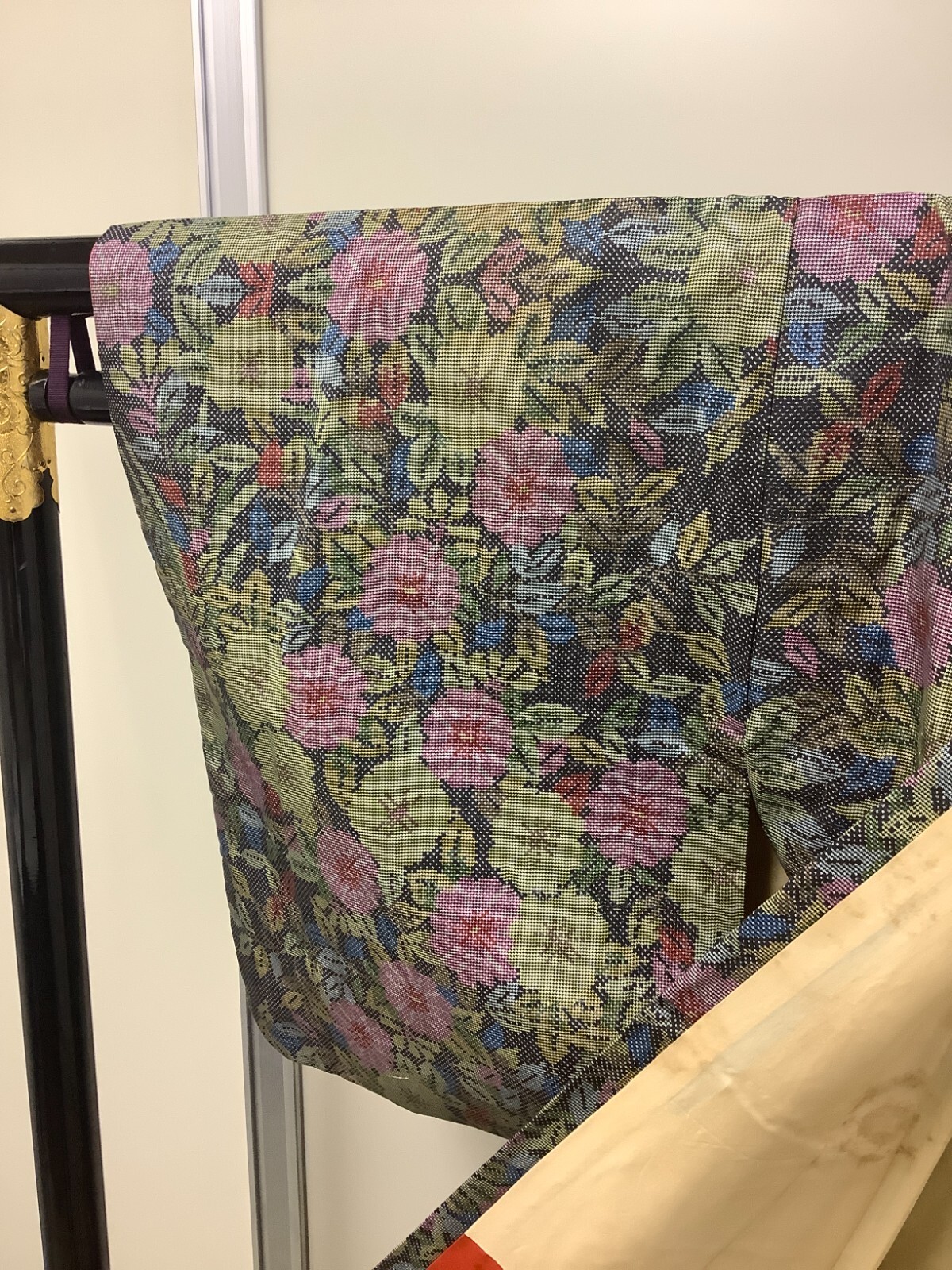 Japanese Vintage Kimono Polyester Black Flower Expensive Dirt Height 59.05in