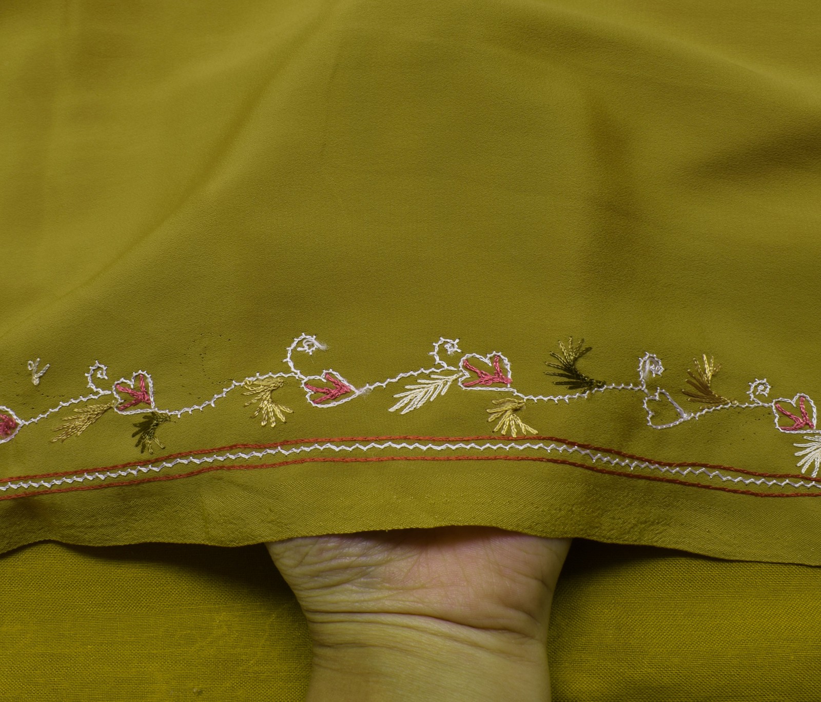 Sushila Vintage Green Saree Blend Crepe Silk Hand Embroidered Floral Sari Fabric