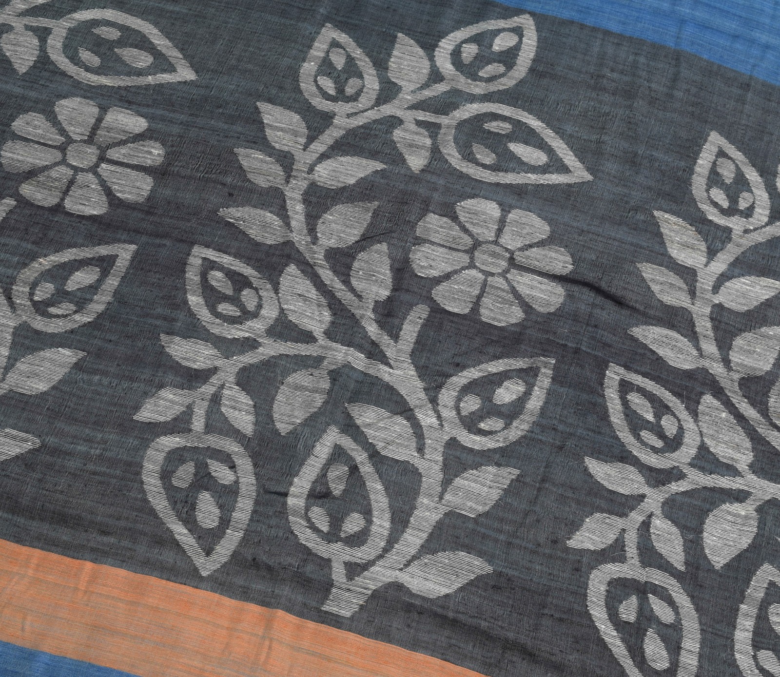 Sushila Vintage Blue Woven Floral Saree 100%Pure Woolen Indian Sari Craft Fabric