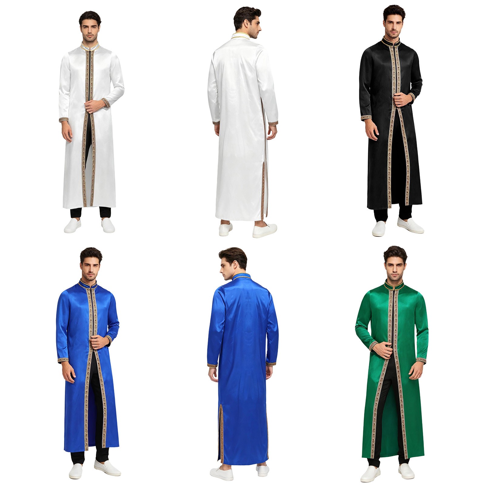 Men Thobe Satiny Muslim Robe Pulpit Costume Clergy Gown Pastor Front Zip Choir