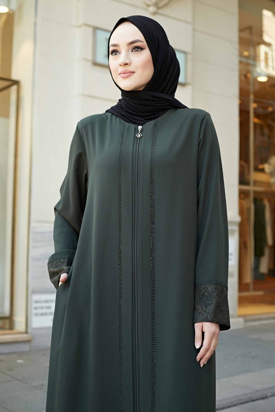 istanbulstyles Women’s Abaya Lace Applique Long Sleeve Floor Length Zipper Floor