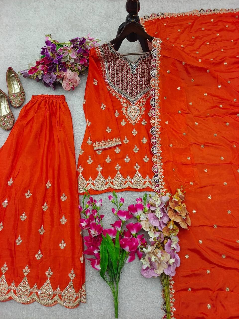 Launching New Orange Chinnon Silk Kurta Palazzo With Dupatta For Women