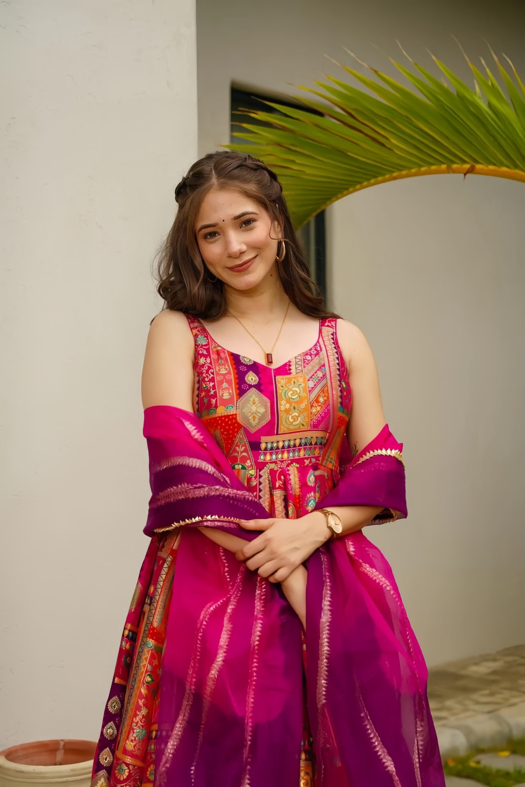 Traditional Indian Anarkali Gown Multicolour Patchwork Design Floor Length