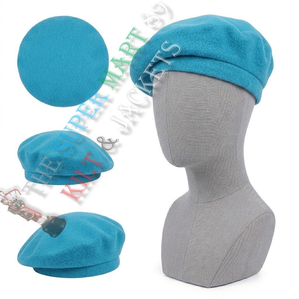 Scottish Traditional Highlander Military Tam Hat Sky Blue 100%Wool Beret Hat