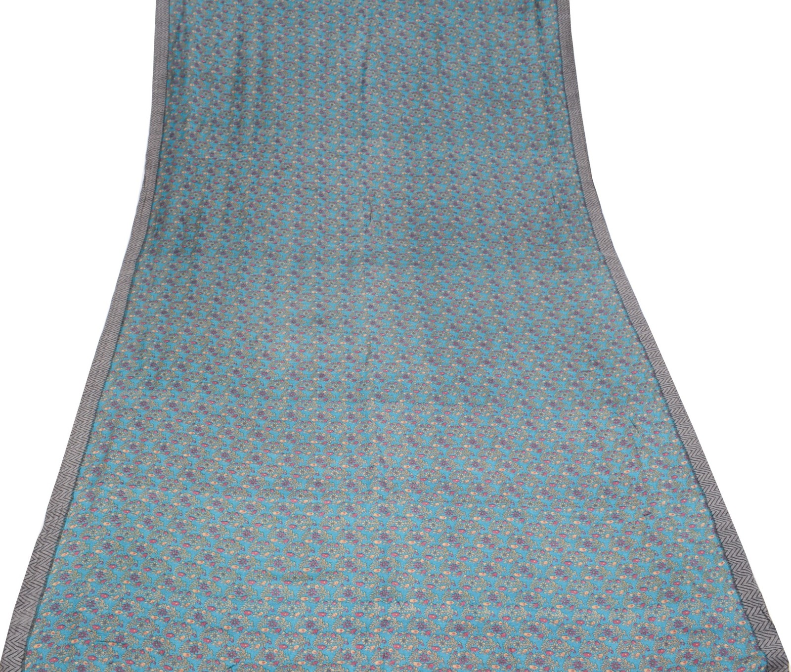 Sushila Vintage Teal Blue Saree Pure Woolen Floral Printed Soft 4YD Sari Fabric