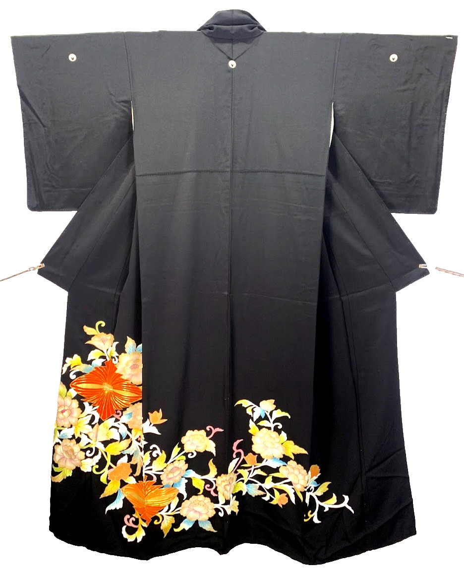 Vintage Japan Silk Kurotomesode Kimono Dress M Black Peony Yuzen Kinsai Gift Fed