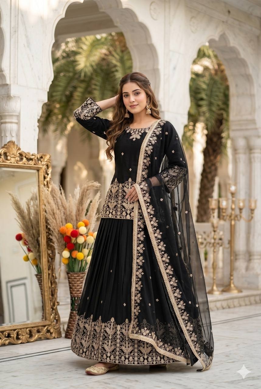 Stylish Look French Silk Black Top Lehenga With Dupatta For Function Wear