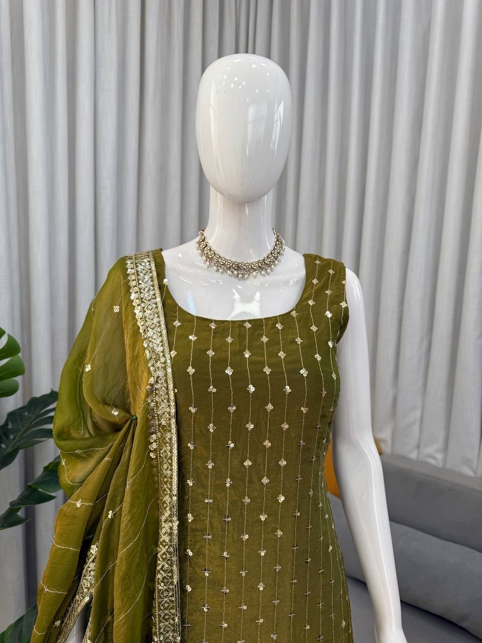 Stunning Look Silk Olive Green Salwar Kameez With Dupatta For Functional Wear