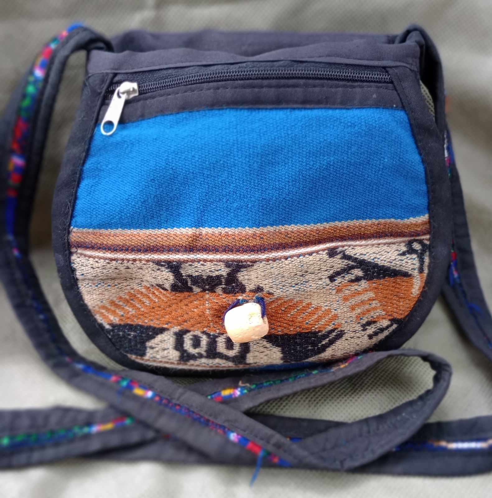 Handmade Andean Cotton Blend Shoulder Bag Multi-Color Patterned Wooden Button