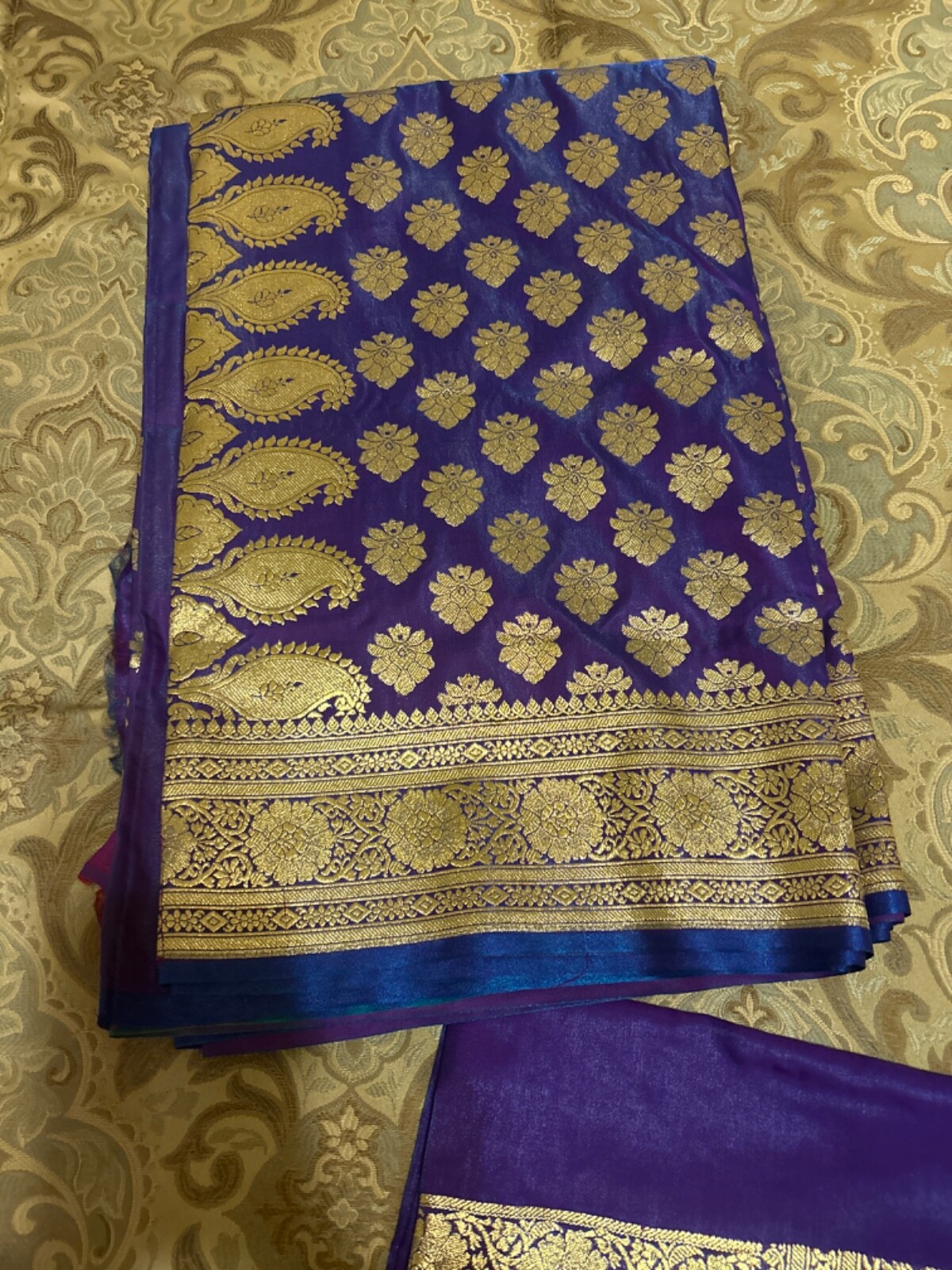 Dark Blue/Purple Banarasi Style Silk Saree with Unstitched Blouse