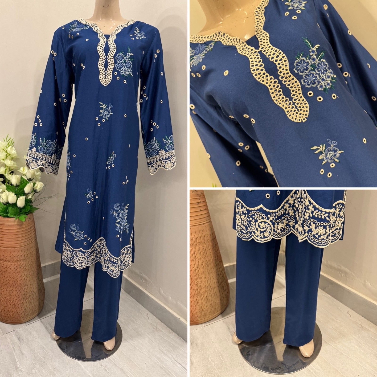 Pakistani Royal Blue 2 Pcs Viscose Dress with thread embroidery ,L