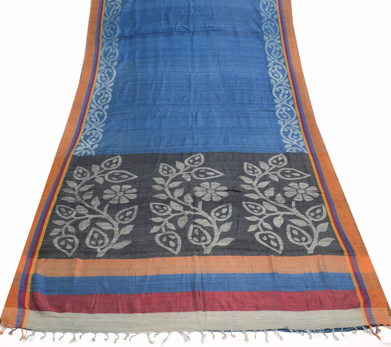 Sushila Vintage Blue Woven Floral Saree 100%Pure Woolen Indian Sari Craft Fabric